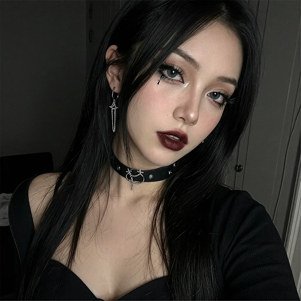 Round proof of a fictional AI character with long black hair and a studded choker