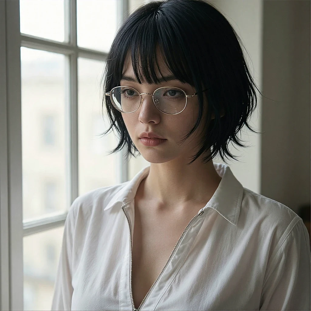 Round proof of a fictional AI character in round glasses and a white shirt by a window