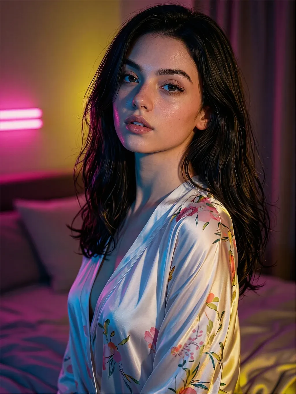 Fictional AI character in a pale patterned robe in a room lit magenta