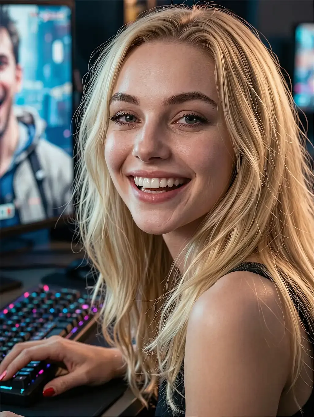 Fictional AI character laughing in a gaming headset in front of lit monitors