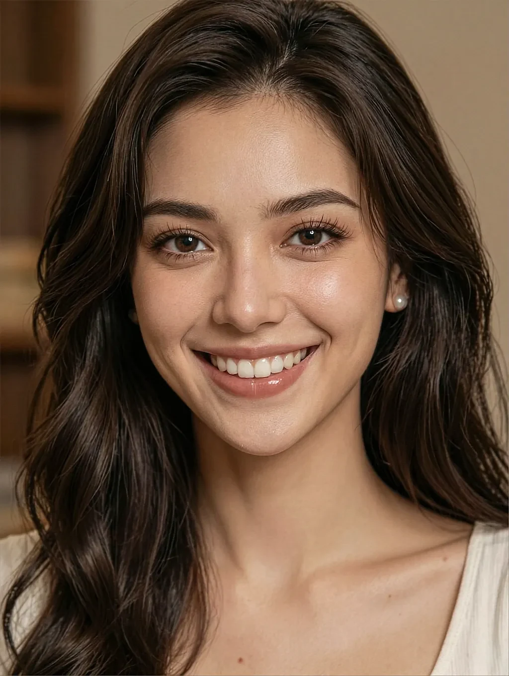 Fictional AI character smiling in a warm cream room in daylight