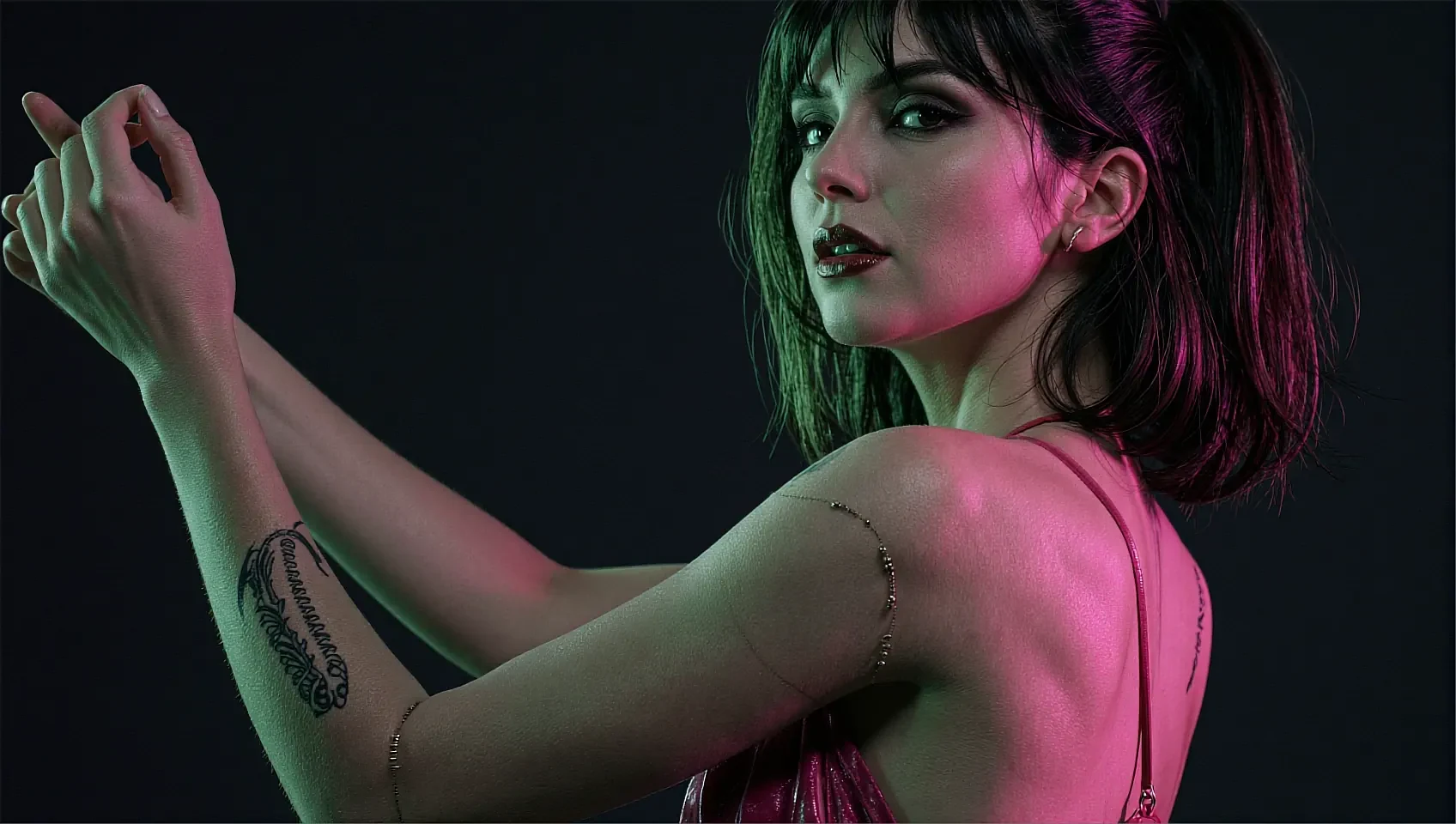 Wide frame of a fictional AI character leaning back under green and magenta stage light