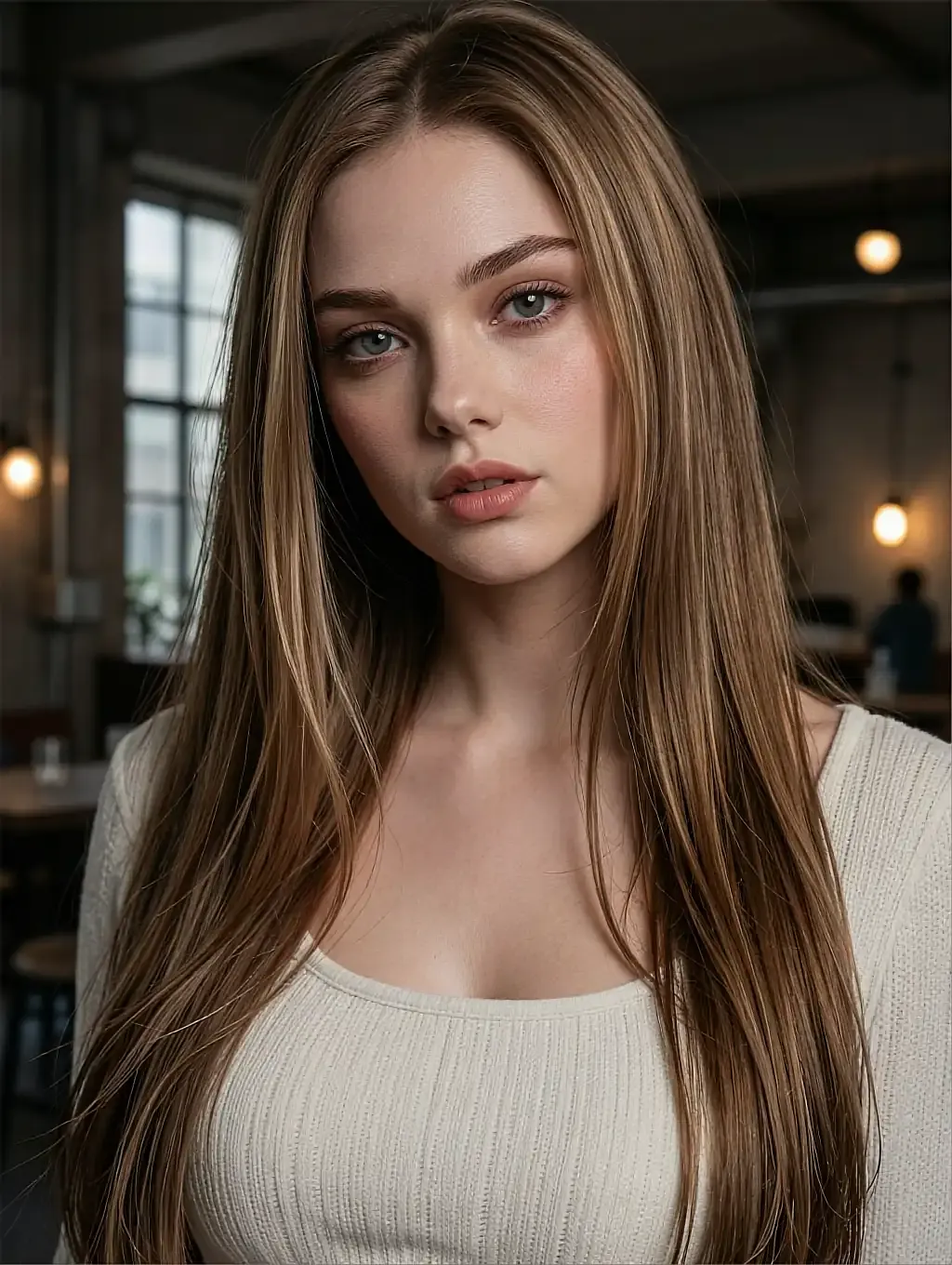 Fictional AI character with long light hair in a room of warm hanging bulbs