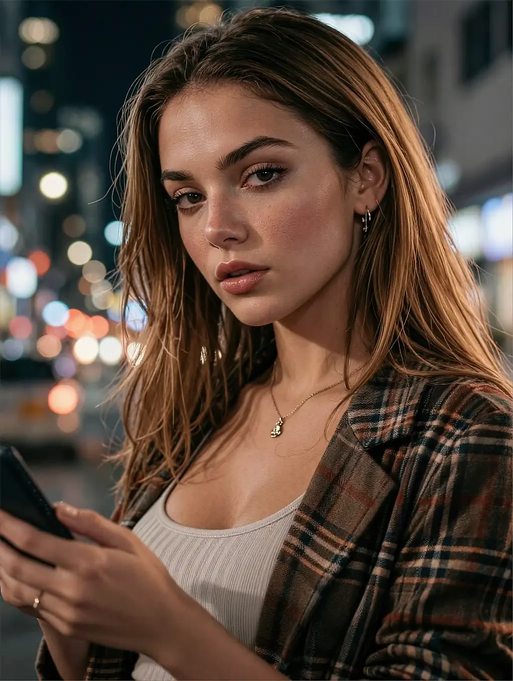 Fictional AI character in an open plaid shirt with city traffic lights blurred behind her