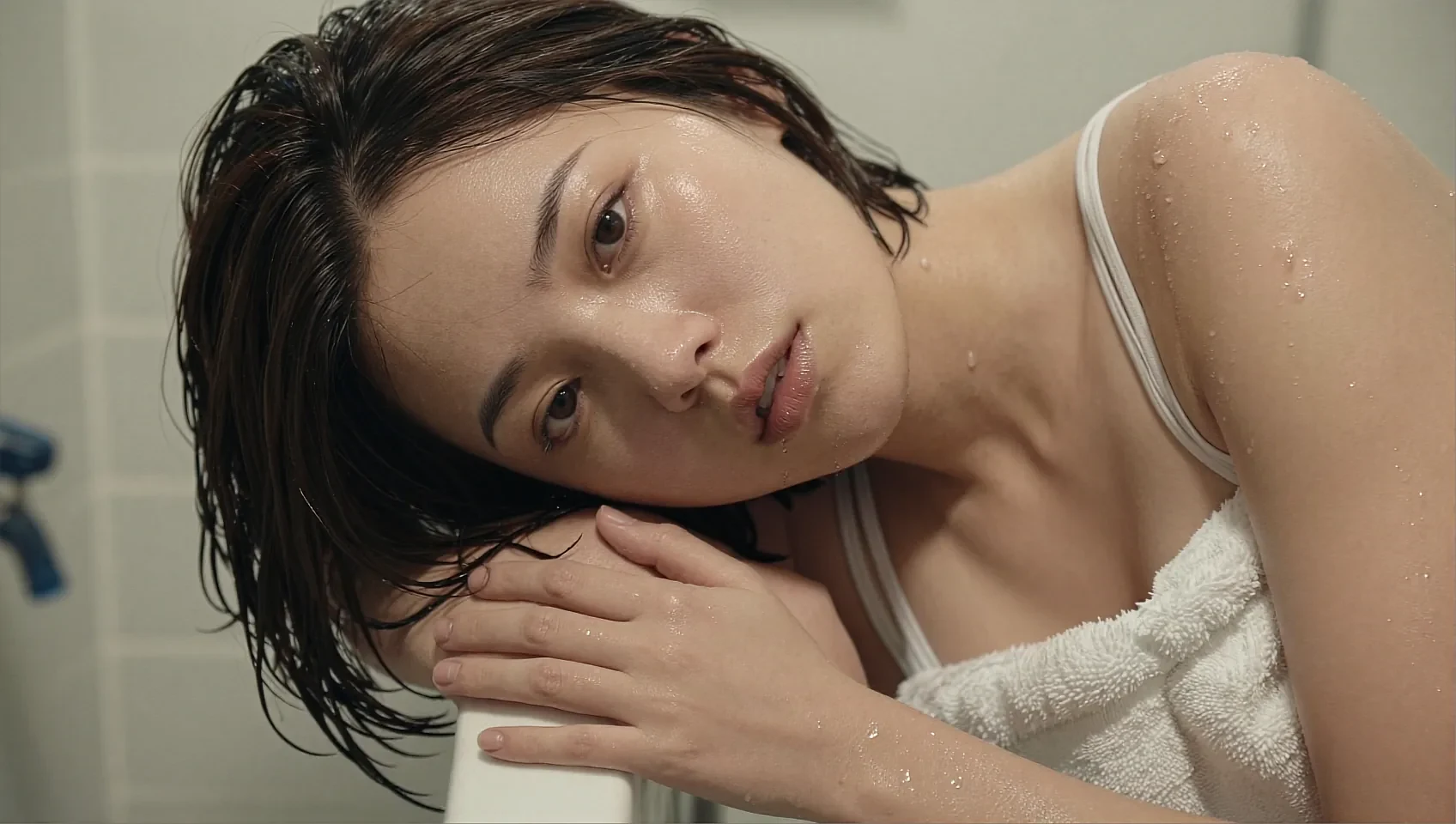 Share card: close frame of a fictional AI character resting on her arm in soft daylight