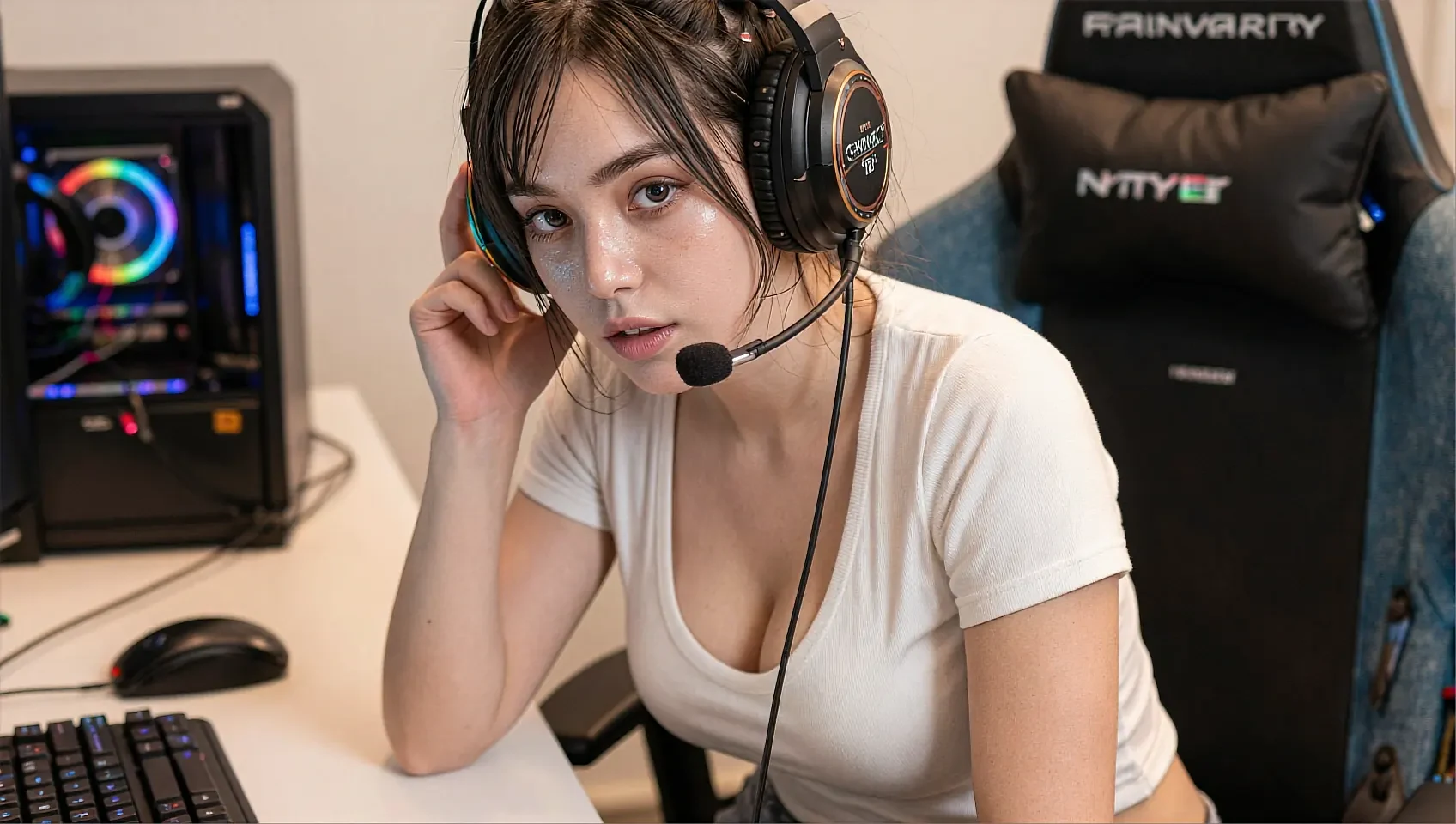 Share card: fictional AI character in a headset and white tee at a lit desk